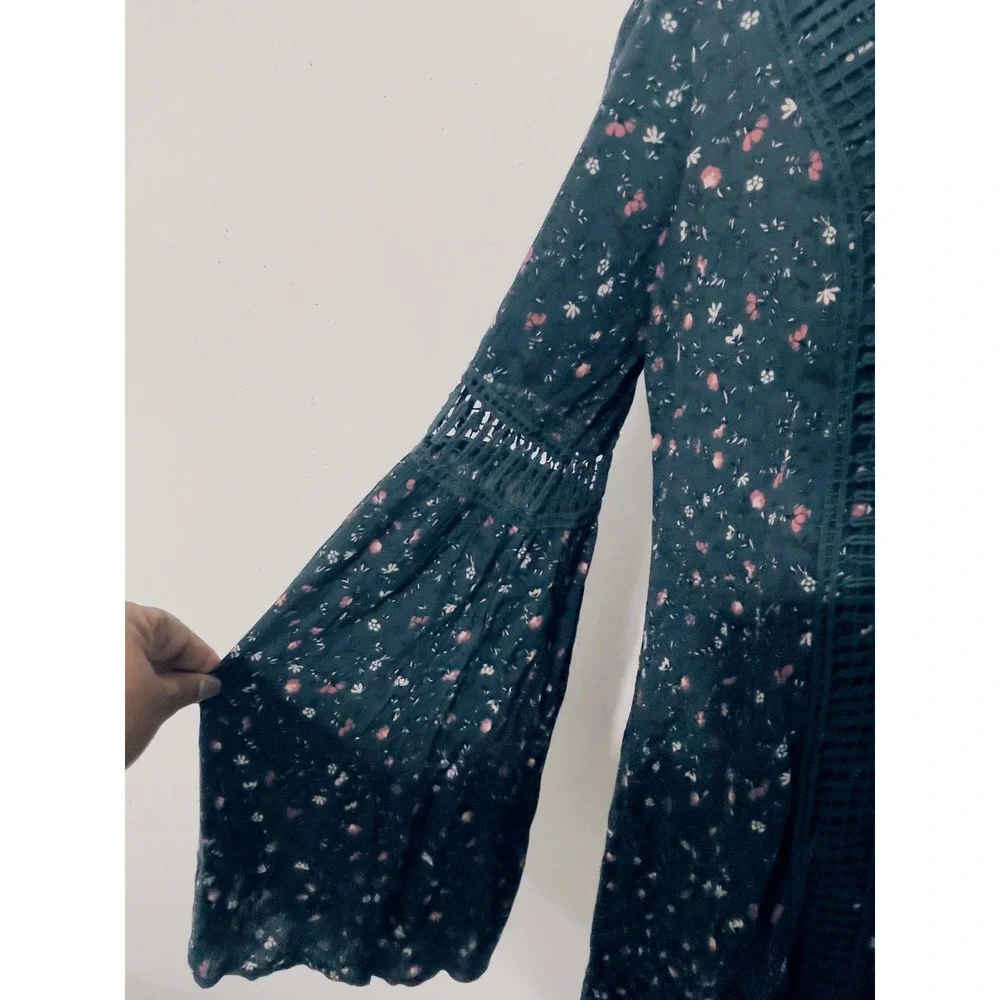 Knox Rose Women Teal Floral Crochet‎  Bell Sleeve Boho Cottagecore Dress Size M